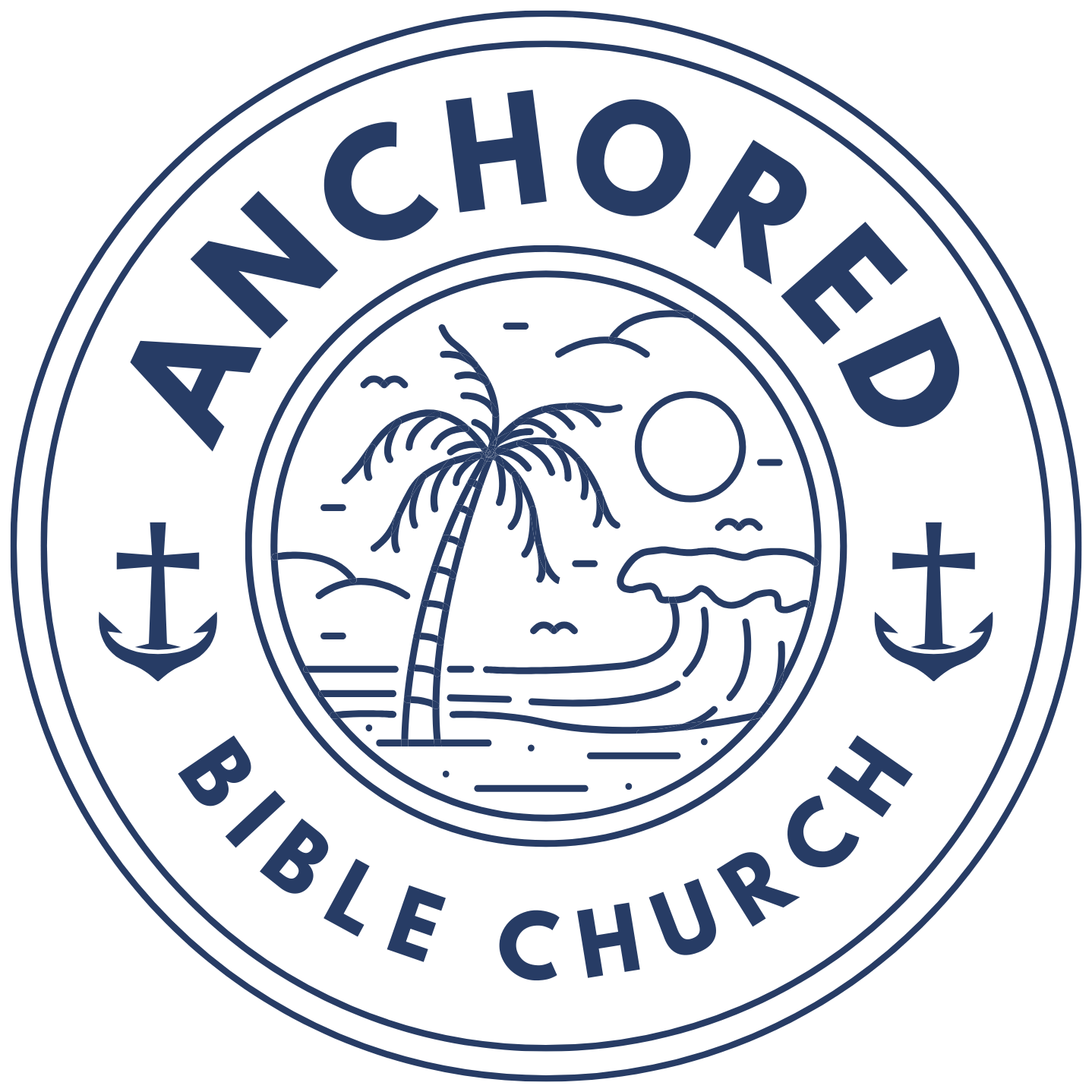 Logo of Anchored Bible Church with palm tree, anchor, and wave design.